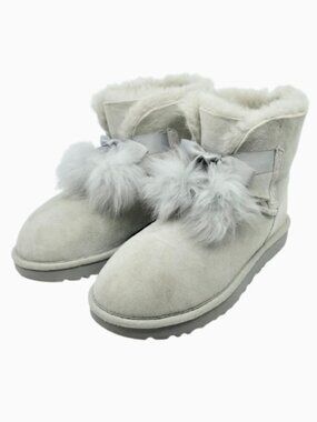 UGG~Gita Pom Pom~GRAY SUEDE SHEARLING WOMENS ANKLE BOOTS Sz 9 NEAR NEW